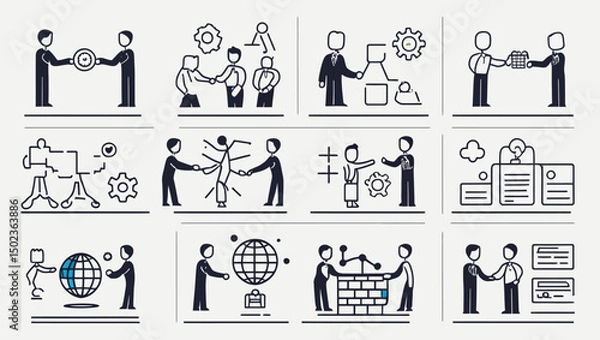 Fototapeta Business Collaboration Icons: Global Partnerships, Deal Making, and Teamwork Represented in Simple Line Art.