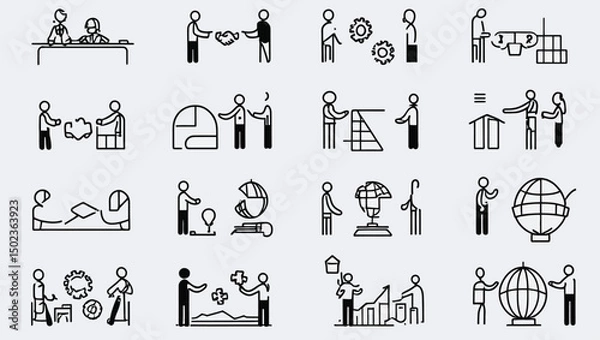 Fototapeta Business and finance icon collection, various activities depicted in simple, minimalistic black and white line art.