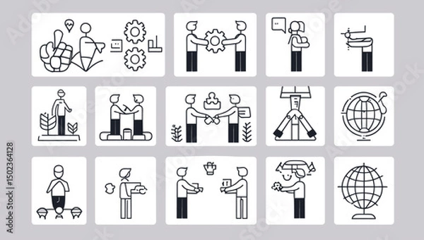 Fototapeta Collection of black and white outline icons representing business, technology, and development concepts.
