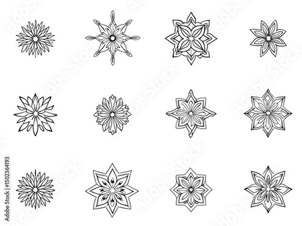 Fototapeta Variety of Hand-Drawn Mandala Shapes and Starburst Designs on White Background for Creative Projects.