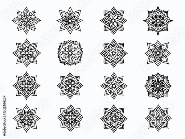 Fototapeta Sixteen Symmetrical Floral and Geometric Mandala Designs in Black and White on White Background