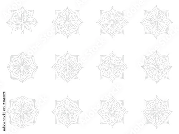 Fototapeta A Set of Twelve Hand-Drawn Floral Mandala Designs in Light Gray on White Background.
