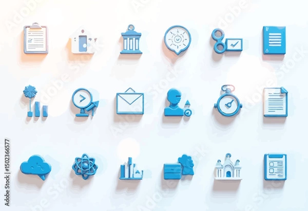 Fototapeta Business and Technology Icons Set in Blue Isometric Style on a White Background.