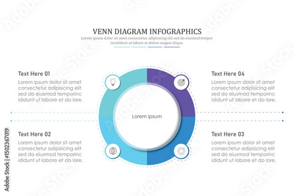 Fototapeta Venn diagram infographic chart template for business 3, 4, 6 parts, options, presentation with venn diagram elements vector illustration.