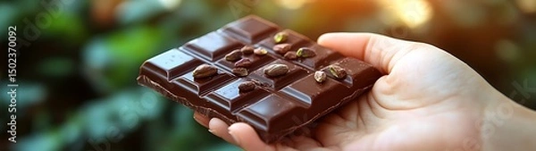 Obraz Hand holding dark chocolate bar with nuts