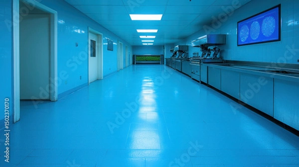 Fototapeta Bright and Modern Hospital Corridor with Blue Tiled Walls and Floor, Well-Lit Space, Medical Equipment, Clean Environment, and Contemporary Design