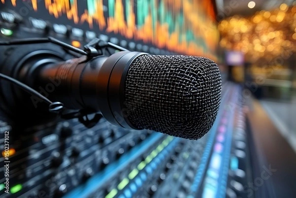 Fototapeta Microphone on mixing console in studio