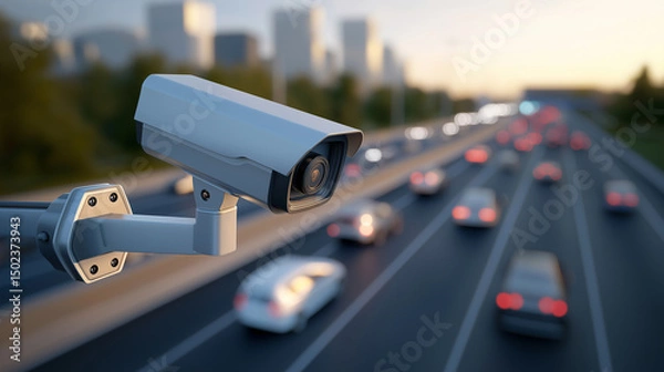 Fototapeta Surveillance camera monitoring a busy highway during sunset with blurred car lights in the background.
