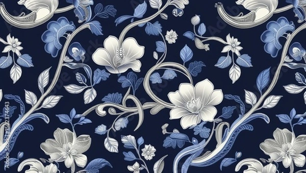 Fototapeta Classic Blue and White Floral Batik Pattern with Traditional Elegance