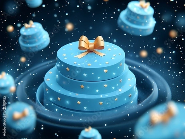 Obraz Blue cake with gold ribbon in space
