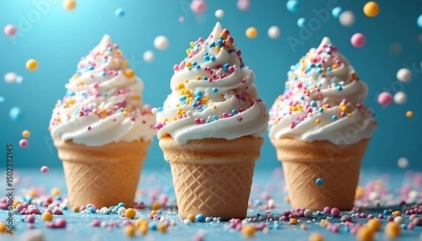 Obraz Whipped cream ice cream cones with colorful sprinkles