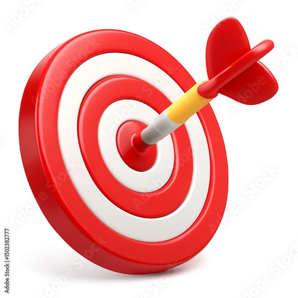 Fototapeta Red and white dartboard with dart in bullseye isolated on white background