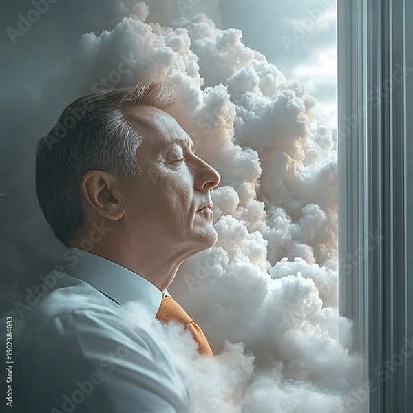 Fototapeta Man meditating by window, clouds
