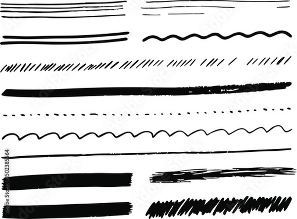 Fototapeta Black Brash, Black crayon stroke set - straight, wavy underlines and decorative borders.