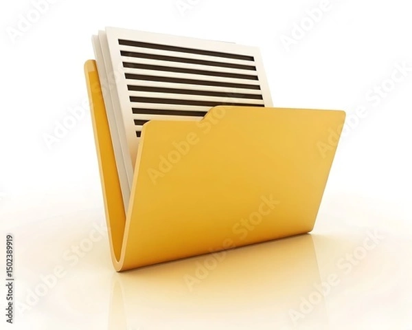 Fototapeta 3D Yellow File Folder with Lined Documents – Office Stationery and Data Storage Icon Isolated on White Background