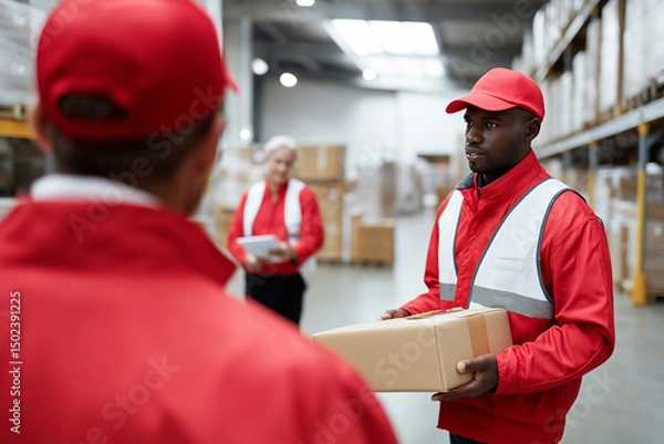 Fototapeta Photo of a white man in delivery uniform receiving his route from a team leader in the warehouse dispatch area. Back facing to the camera. Morning light, logistical and goal-orient