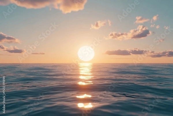 Fototapeta Beautiful sunset over calm sea with golden reflections and soft clouds in the sky, sun and sea sunset background seamless overlay virtual Photo background