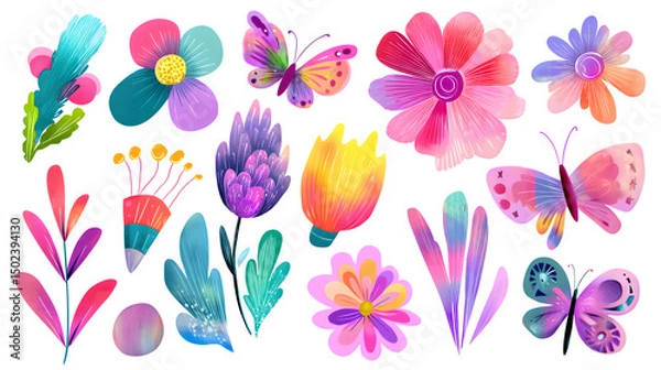 Fototapeta A set of vibrant and playful spring-themed elements like abstract flowers, butterflies, and pastel colors, isolated on Transparent Background.