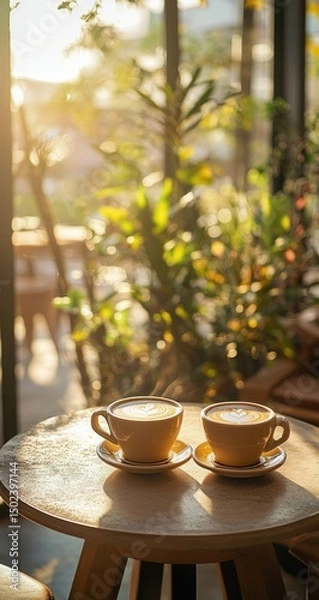 Fototapeta Two cups of latte art on a table, sunlight streams through a window