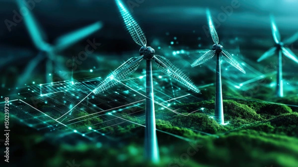 Fototapeta Futuristic wind turbines spin in digital landscape, symbolizing transition to zero carbon economy. scene is vibrant and innovative, highlighting renewable energy