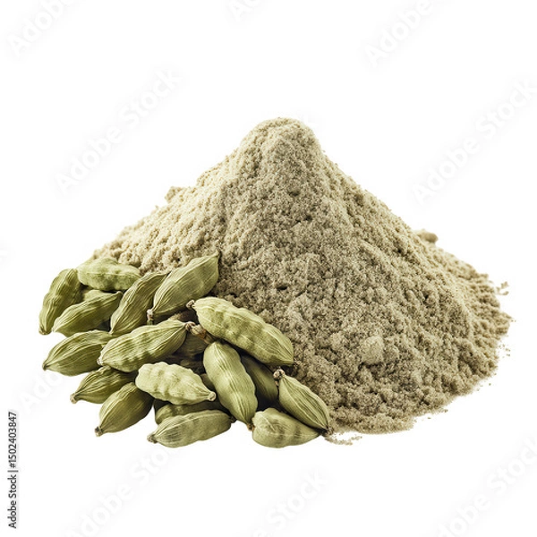 Fototapeta Green cardamom pods and powder isolated on transparent background