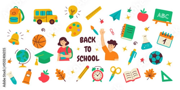 Fototapeta Back to school vector illustration in a fun, colorful flat doodle style. Features children, school items, autumn leaves, art tools, science elements, and learning symbols.