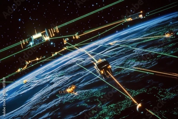 Fototapeta Digital network connections expanding over Earth with data processing interactions in space, digital data processing and network of connections