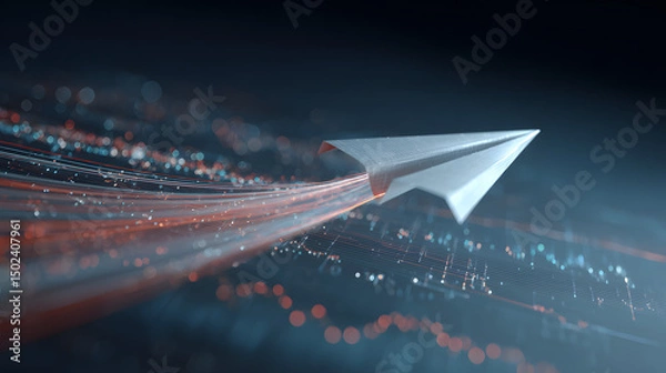 Fototapeta Paper Airplane Soaring Through Digital Data Stream Conceptual Image of Innovation and Progress