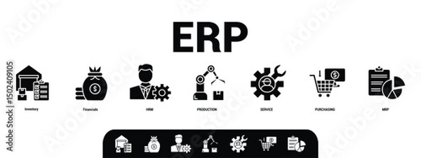 Obraz ERP banner web icon set vector illustration concept for enterprise resource planning with icon of inventory, financials, hrm, production, service, purchasing, and mrp