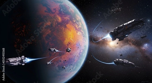 Fototapeta Spaceship Battle Near Planet in Deep Space