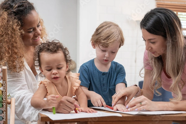 Obraz Happy family. Mother and kids together paint. Woman helps the child. Little children with kindergarten teacher drawing at table indoors. Learning and playing	