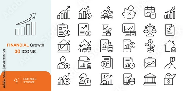 Fototapeta Financial Growth Line Icons, Editable Finance Outline Icon Set, Economy and Banking Icon Pack, Thin Line Finance Icon Collection, Financial Analysis & Data Icons, finance growth, new icons