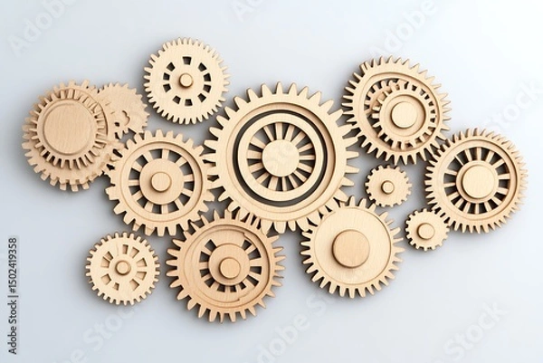 Fototapeta Wooden gears rotating together as a visual metaphor for teamwork and mechanical progress