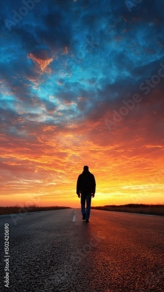 Fototapeta Lone silhouette on endless road at vibrant sunset, symbolizing soul journey and search for meaning