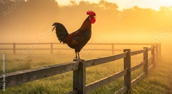Obraz A vibrant rooster stands proudly on a rustic wooden fence, crowing at sunrise in a peaceful countryside setting