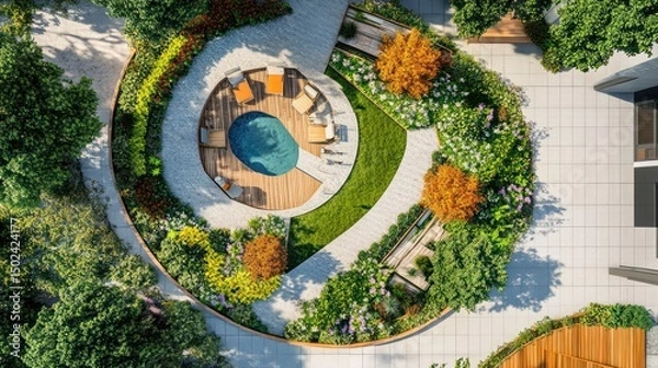 Fototapeta Aerial view of a circular courtyard with a small pool, surrounded by lush landscaping and paved walkways