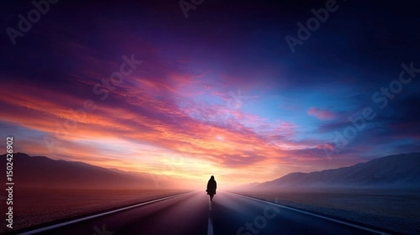 Fototapeta Lone silhouette on endless road at vibrant sunset, symbolizing soul journey and search for meaning