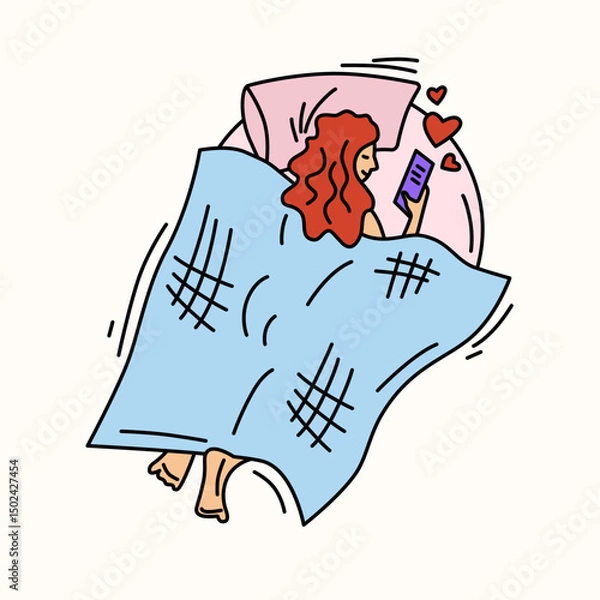Obraz illustration of girl in bed with phone. Color print on white background