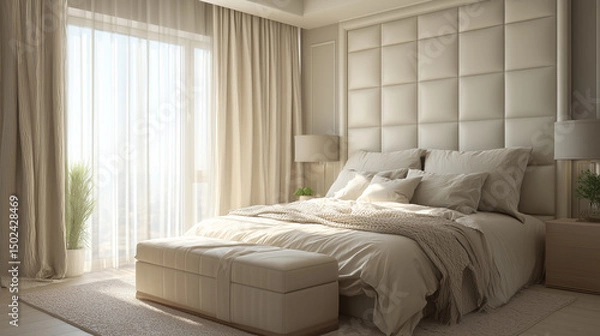 Fototapeta Daylit bedroom with soft beige palette