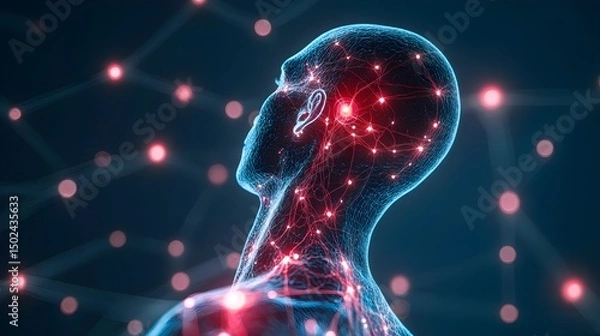 Fototapeta Human body with glowing red pain points on neural pathways illustrating pain or nerve stimulation, set against a dark blue background