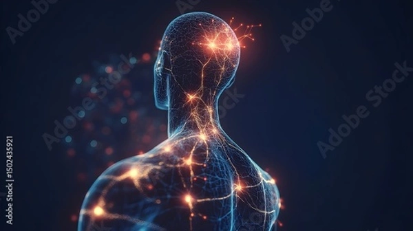 Fototapeta Human body with glowing red pain points on neural pathways illustrating pain or nerve stimulation, set against a dark blue background