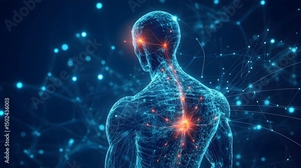 Fototapeta Human body with glowing red pain points on neural pathways illustrating pain or nerve stimulation, set against a dark blue background