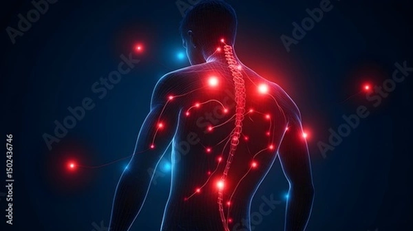 Fototapeta Human body with glowing red pain points on neural pathways illustrating pain or nerve stimulation, set against a dark blue background