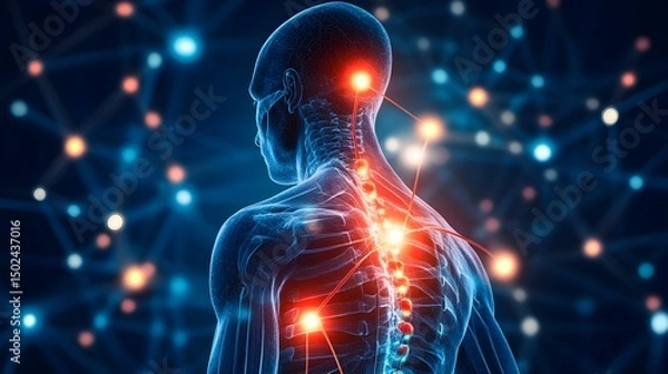 Fototapeta Human body with glowing red pain points on neural pathways illustrating pain or nerve stimulation, set against a dark blue background