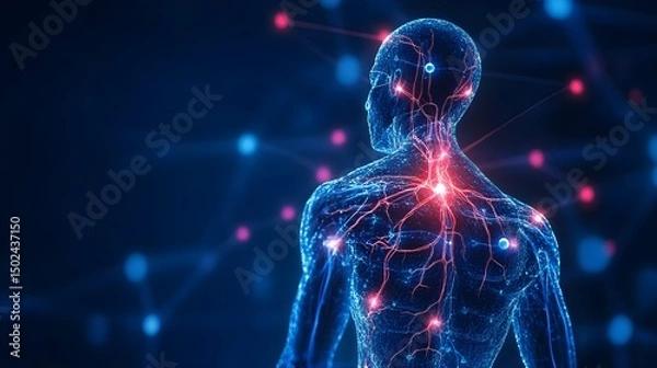 Fototapeta Human body with glowing red pain points on neural pathways illustrating pain or nerve stimulation, set against a dark blue background
