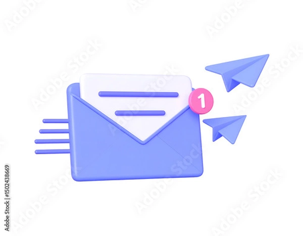 Obraz 3D illustration of a purple email envelope with notification and paper airplanes