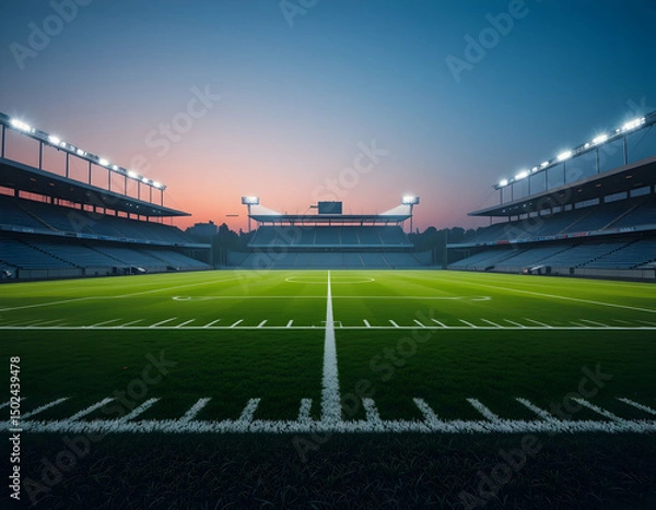 Obraz Empty Stadium at Sunset with Green Field and Bright Lights