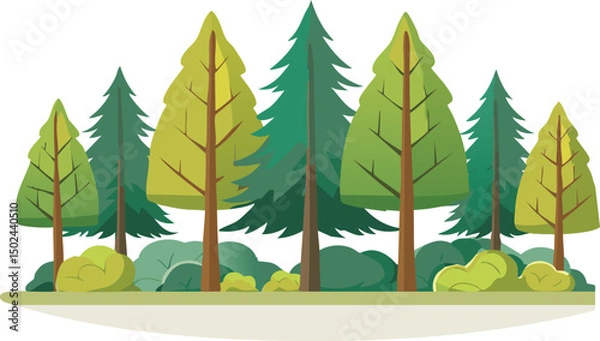 Fototapeta Cartoon forest landscape with evergreen and deciduous trees, bushes, and green foliage on white background for nature design