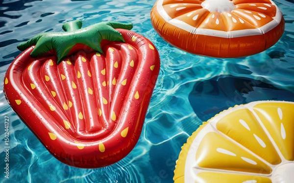 Obraz Summer vacation, travel tourism concept. Colorful inflatable floats in a turquoise rippling water. Red, yellow and orange colors. Selective focus.