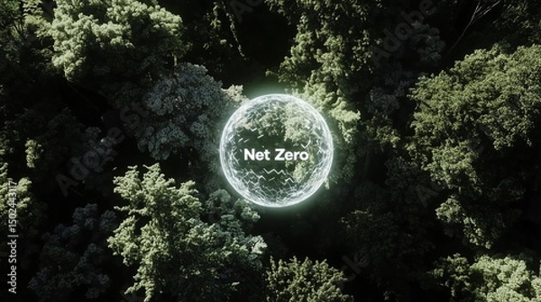 Obraz A white circular hologram with the text "Net Zero" floating above a lush green forest